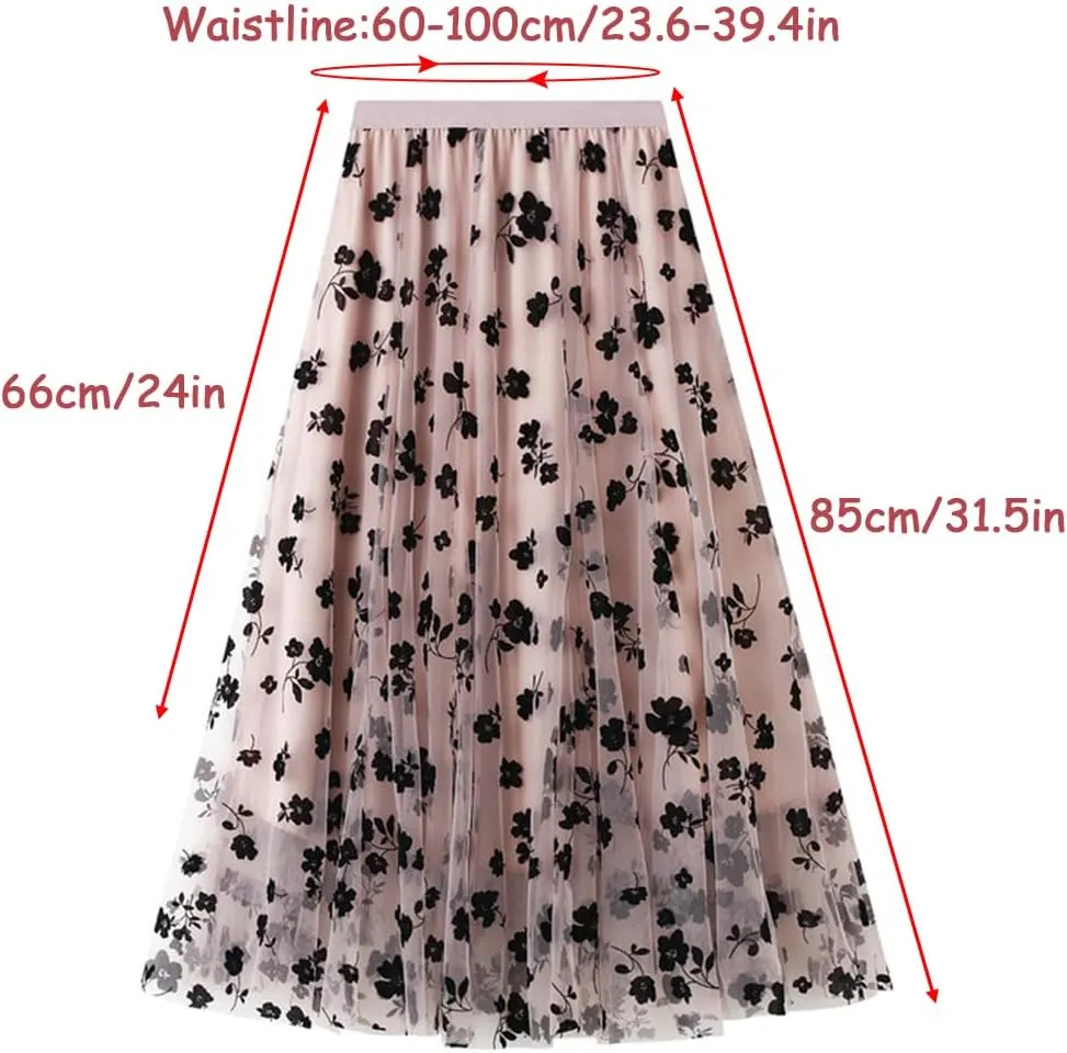 Women Tutu Tulle Skirt Elastic High Waist Layered Skirt Black Floral Print Mesh A-Line Midi Skirt Lady Pleated Skirt, Blue