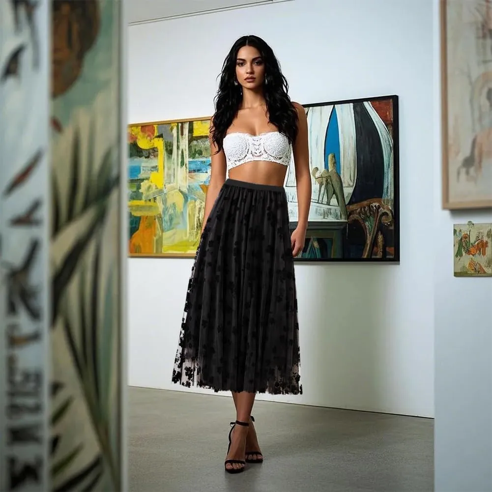 Women Tutu Tulle Skirt Elastic High Waist Layered Skirt Black Floral Print Mesh A-Line Midi Skirt Lady Pleated Skirt, Blue