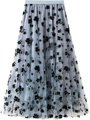 Women Tutu Tulle Skirt Elastic High Waist Layered Skirt Black Floral Print Mesh A-Line Midi Skirt Lady Pleated Skirt, Blue