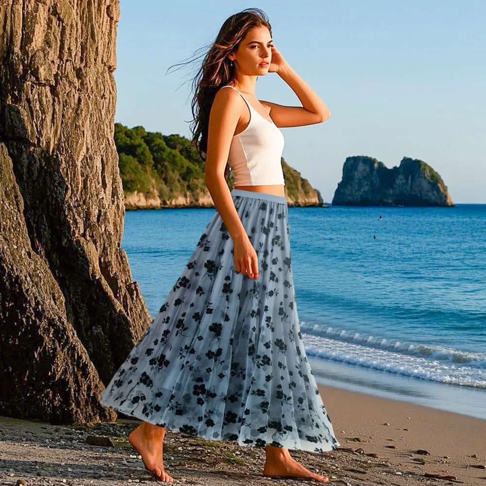 Women Tutu Tulle Skirt Elastic High Waist Layered Skirt Black Floral Print Mesh A-Line Midi Skirt Lady Pleated Skirt, Blue