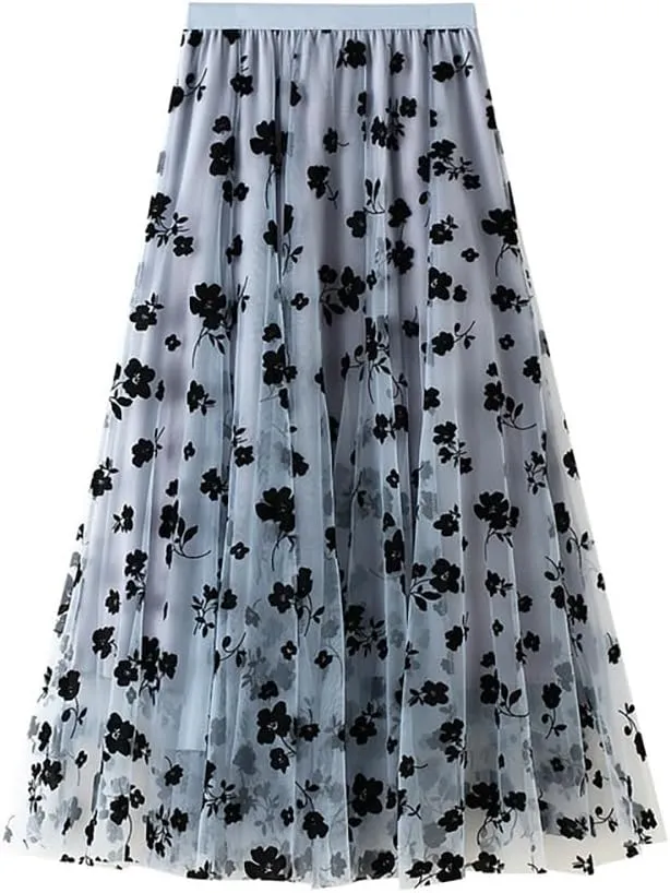 Women Tutu Tulle Skirt Elastic High Waist Layered Skirt Black Floral Print Mesh A-Line Midi Skirt Lady Pleated Skirt, Blue