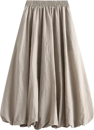 Women Y2k Bubble Maxi Skirt Midi Waist Flowy Balloon Skirt A Line Long Pleated Skirt Casual Ruffle Midi Skirt