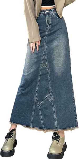 Women's Denim Midi Skirt A-Line Zipper Split Hem Raw Frayed Hem Jean Skirt