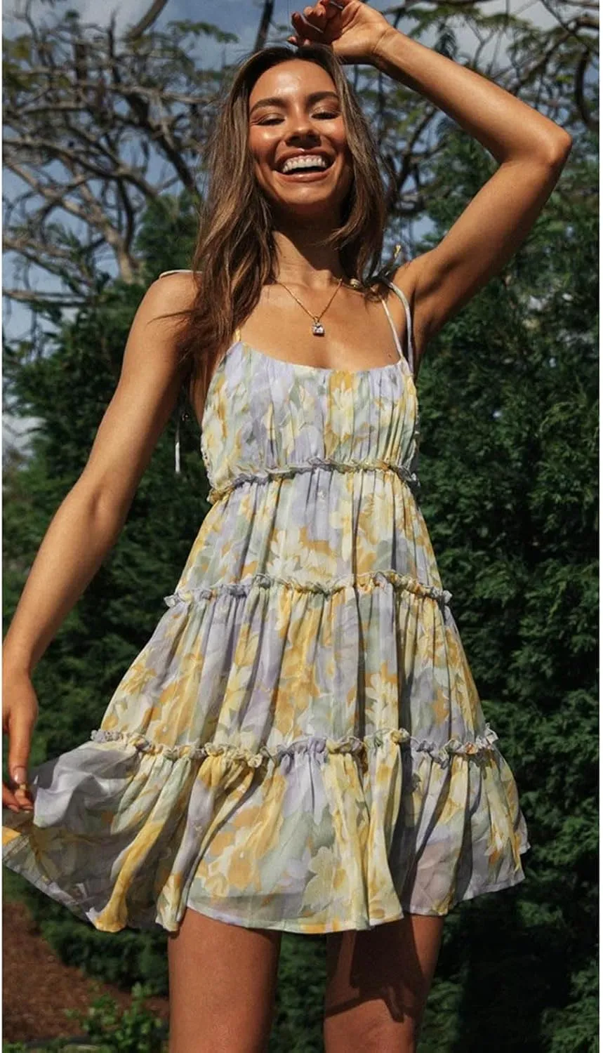 Women's Floral mini Dress Bohemian Flower Skating Spaghetti Strap Ruffled Sleeveless Beach Summer Dress