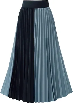 Women's High Waist Mixed Colors Pleated Skirt A line Swing Midi Skirt (US, Alpha, Small, Regular, Regular, Blue)