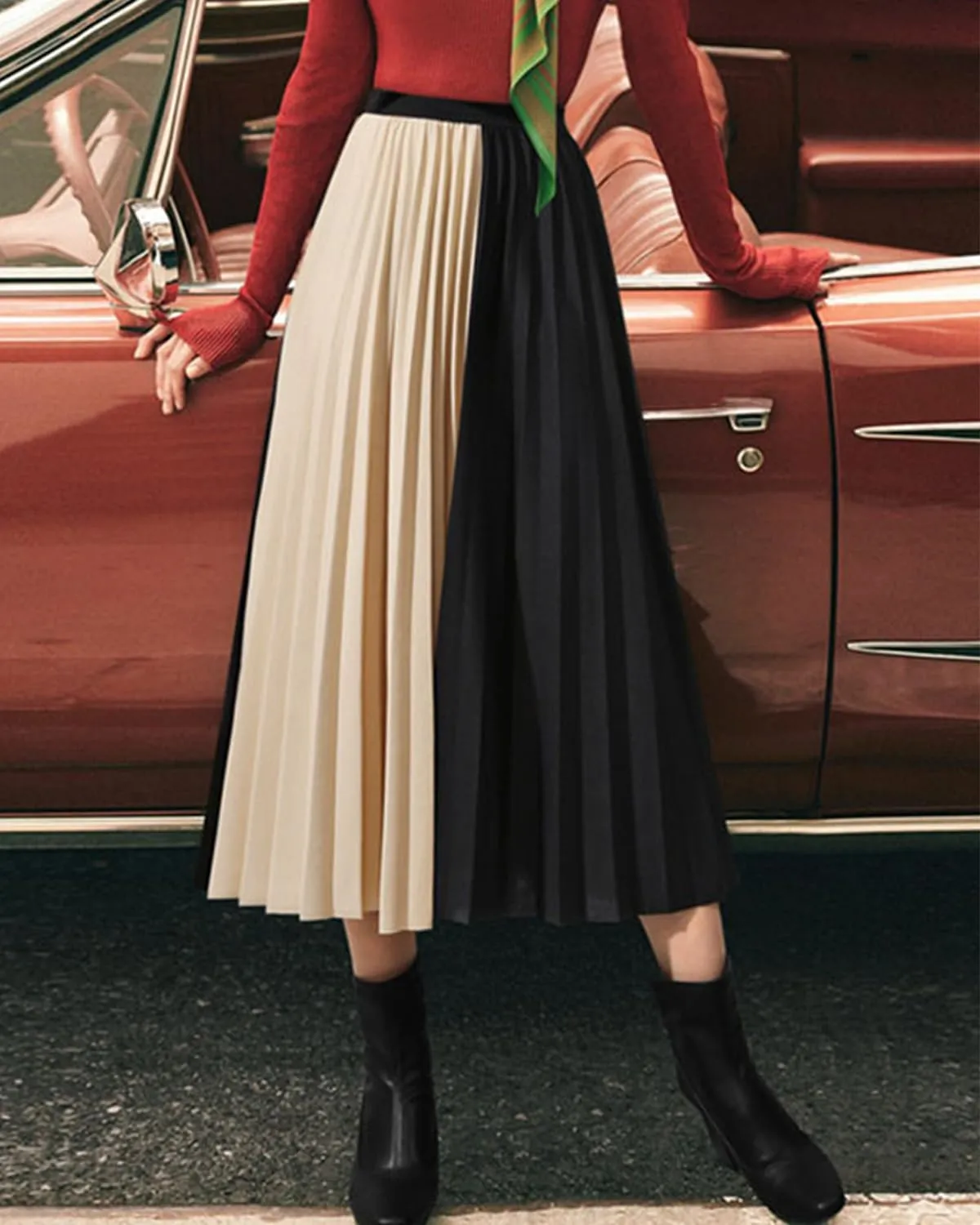 Women's High Waist Mixed Colors Pleated Skirt A line Swing Midi Skirt
