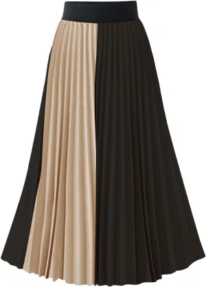 Women's High Waist Mixed Colors Pleated Skirt A line Swing Midi Skirt