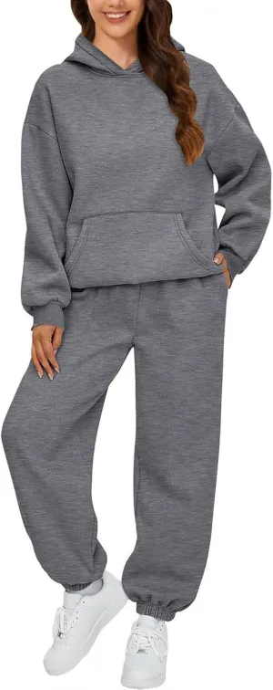Womens Hoodie 2 Piece Set Trendy Oversized Baggy Lounge Y2K Sweatsuit Sets Casual Solid Color Loose Fit Tracksuit Set