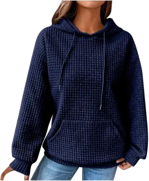 Womens Hoodies Casual Long Sleeve Drawstring Waffle Knit Pullover Tops Loose Hooded Sweatshirt with Pocket Fall Clothes