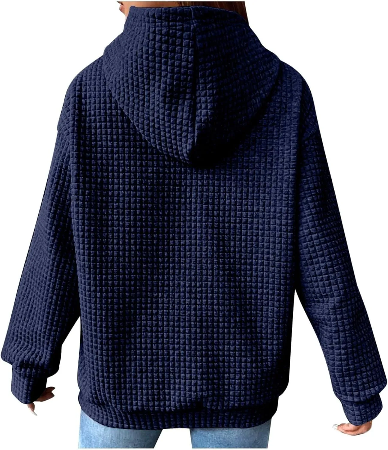 Womens Hoodies Casual Long Sleeve Drawstring Waffle Knit Pullover Tops Loose Hooded Sweatshirt with Pocket Fall Clothes