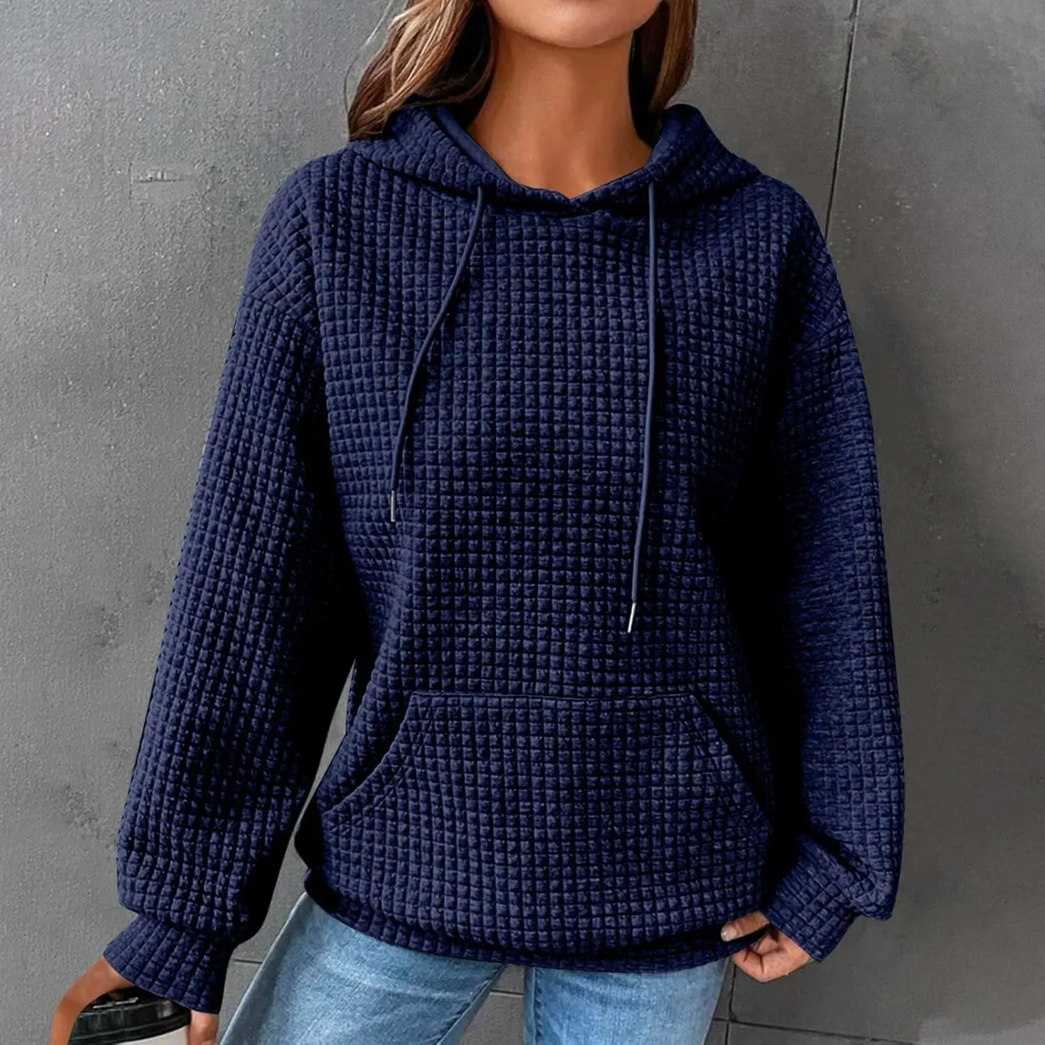 Womens Hoodies Casual Long Sleeve Drawstring Waffle Knit Pullover Tops Loose Hooded Sweatshirt with Pocket Fall Clothes