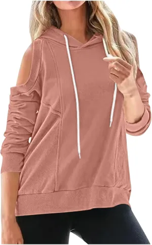 Womens Hoodies Oversized Sweatshirts Casual Hooded Pullover Off Shoulder Drawstring Long Sleeve Fall Fashion Clothes