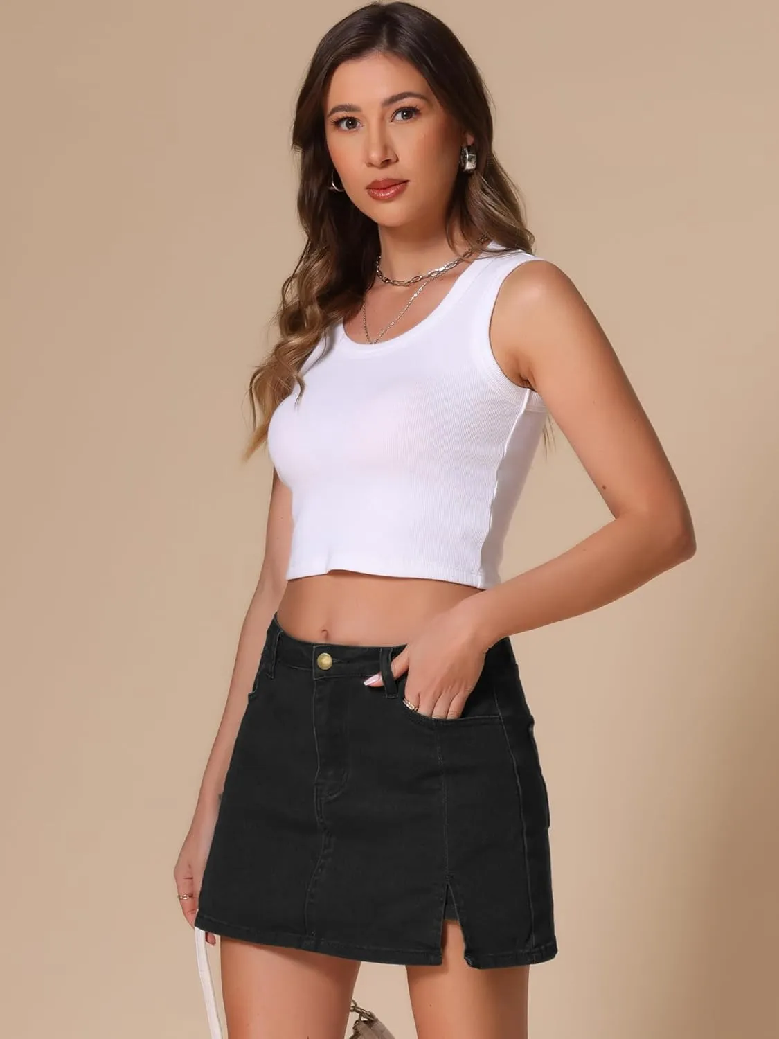 Women's Jean Skorts High Waisted A-Line Stretchy Side Slit Mini Denim Skirt with Shorts