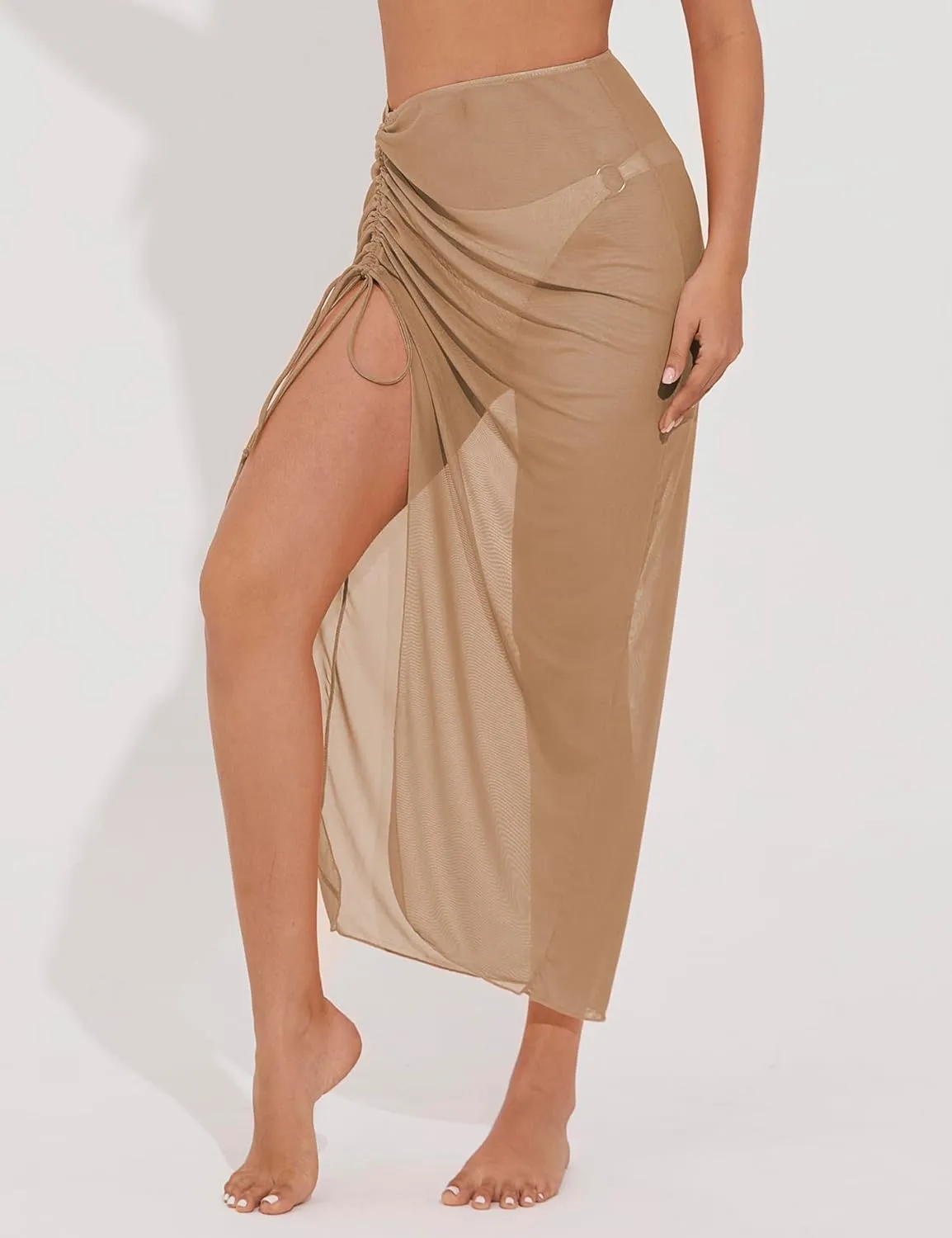 Women's Long Sarong Cover Ups Semi-Sheer Bikini Wraps Lightweight Beach Wrap Skirt with Adjustable Drawstring