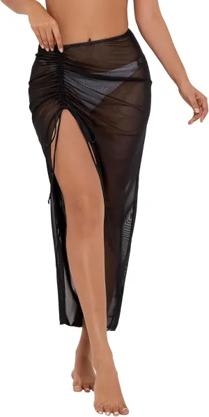 Women's Long Sarong Cover Ups Semi-Sheer Bikini Wraps Lightweight Beach Wrap Skirt with Adjustable Drawstring