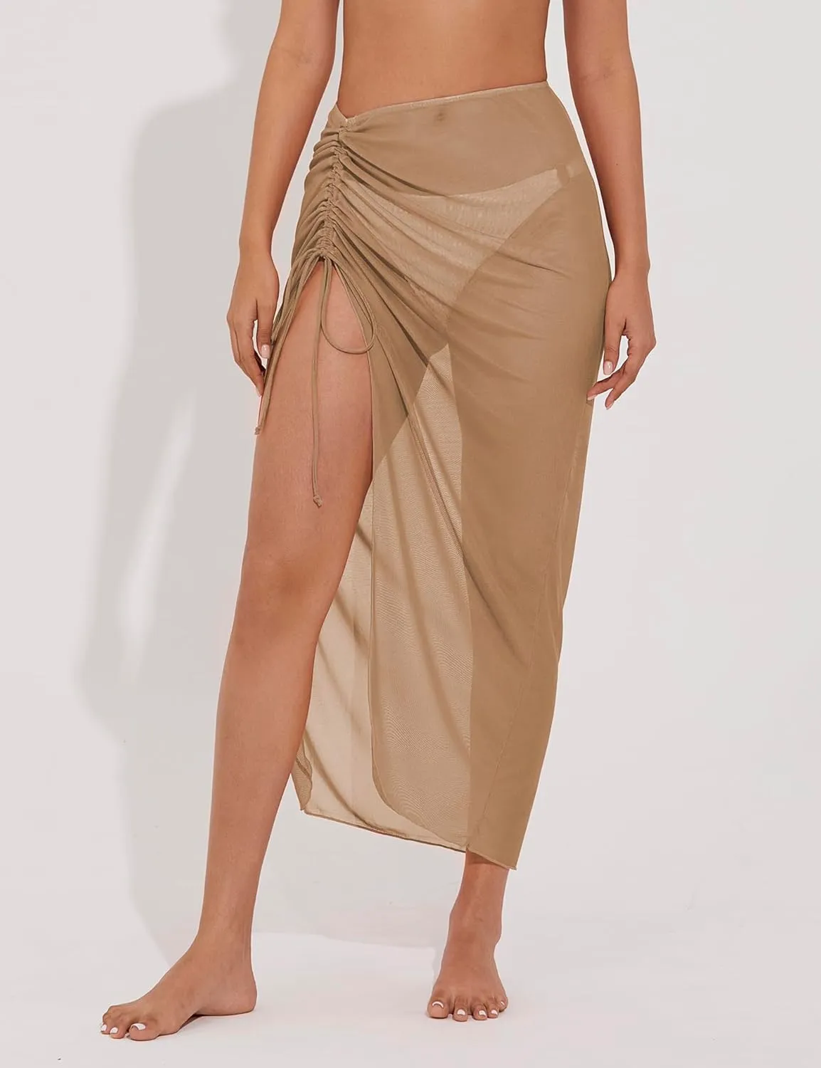Women's Long Sarong Cover Ups Semi-Sheer Bikini Wraps Lightweight Beach Wrap Skirt with Adjustable Drawstring