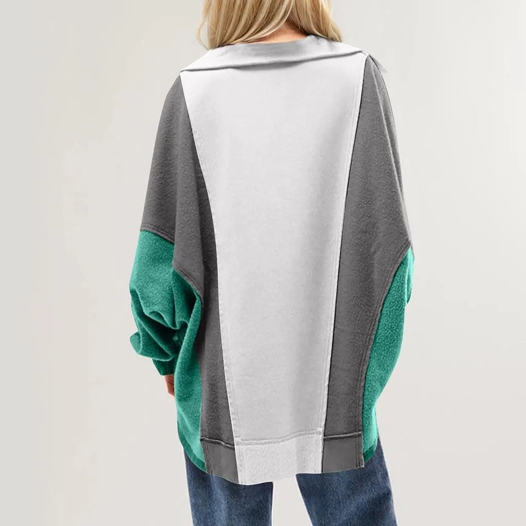 Womens Oversized Sweatshirts Lapel V Neck Pullover Casual Patchwork Long Sleeve Color Block Tops Fashion Y2k Clothes