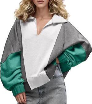Womens Oversized Sweatshirts Lapel V Neck Pullover Casual Patchwork Long Sleeve Color Block Tops Fashion Y2k Clothes