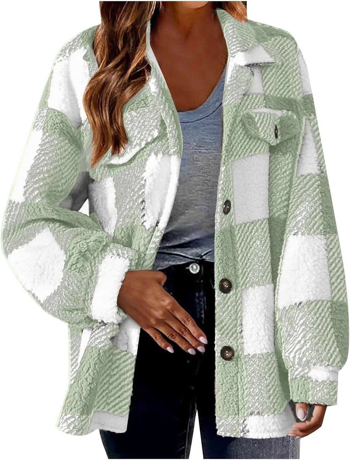 Womens Plaid Fleece Shacket Jacket Oversized Trendy Plaid Flannel Jacket Button Down Fall Winter Warm Hoodie Coat Cardigan