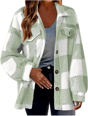 Womens Plaid Fleece Shacket Jacket Oversized Trendy Plaid Flannel Jacket Button Down Fall Winter Warm Hoodie Coat Cardigan