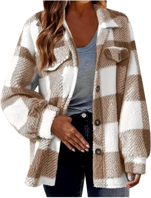Womens Plaid Fleece Shacket Jacket Oversized Trendy Plaid Flannel Jacket Button Down Fall Winter Warm Hoodie Coat Cardigan