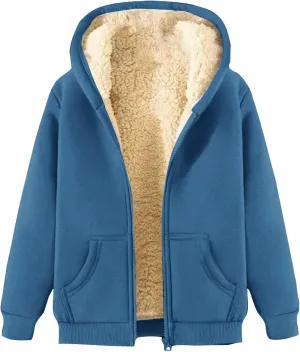 Women's Sherpa Lined Hoodie Jacket Warm Fleece Hooded Zip Up Casual Thermal Jacket with Pocket for Winter