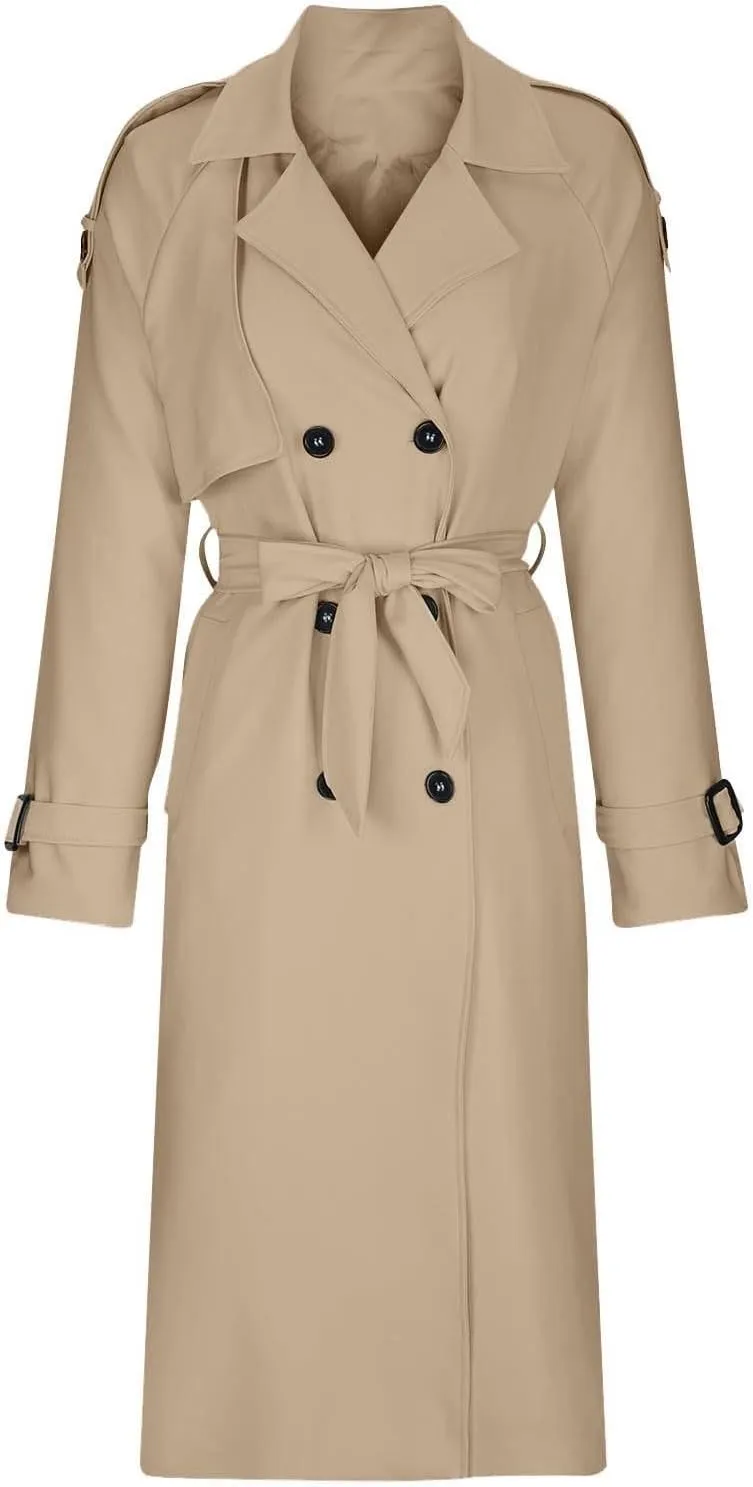 Women's Trench Coat Double Breasted Long Trench Coat Spring Fall Windproof Classic Lapel Overcoat with Belt
