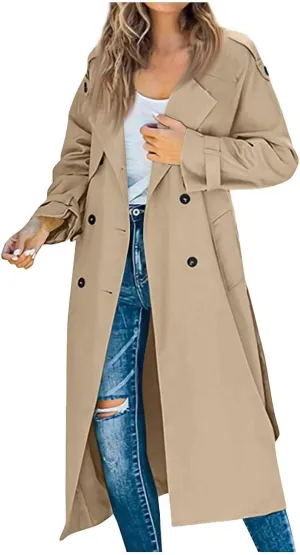 Women's Trench Coat Double Breasted Long Trench Coat Spring Fall Windproof Classic Lapel Overcoat with Belt
