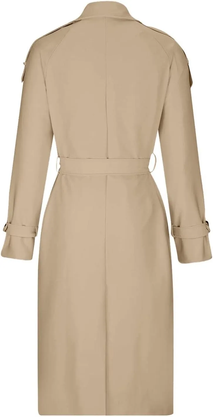 Women's Trench Coat Double Breasted Long Trench Coat Spring Fall Windproof Classic Lapel Overcoat with Belt