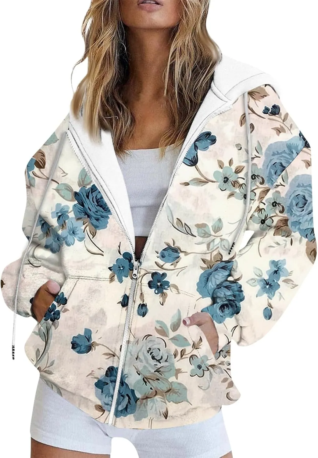 Women's Trendy Floral Printing Jacket Zip Up Hoodies Lightweight Long Sleeve Coat Fall Fashion Outfits with Pockets
