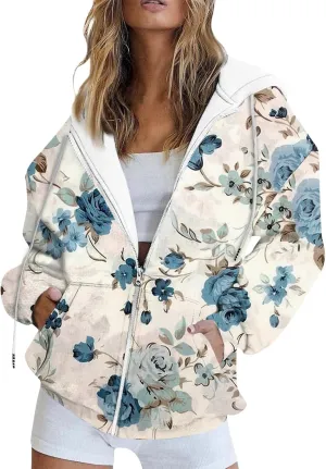 Women's Trendy Floral Printing Jacket Zip Up Hoodies Lightweight Long Sleeve Coat Fall Fashion Outfits with Pockets