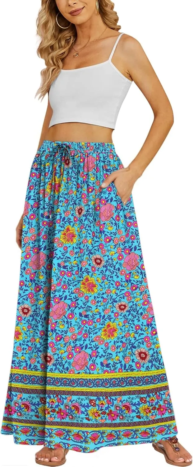 Zeagoo Women's 2025 Boho Floral Skirt Casual Elastic High Waist Maxi Skirts Flowy A Line Beach Long Skirt with Side Pockets