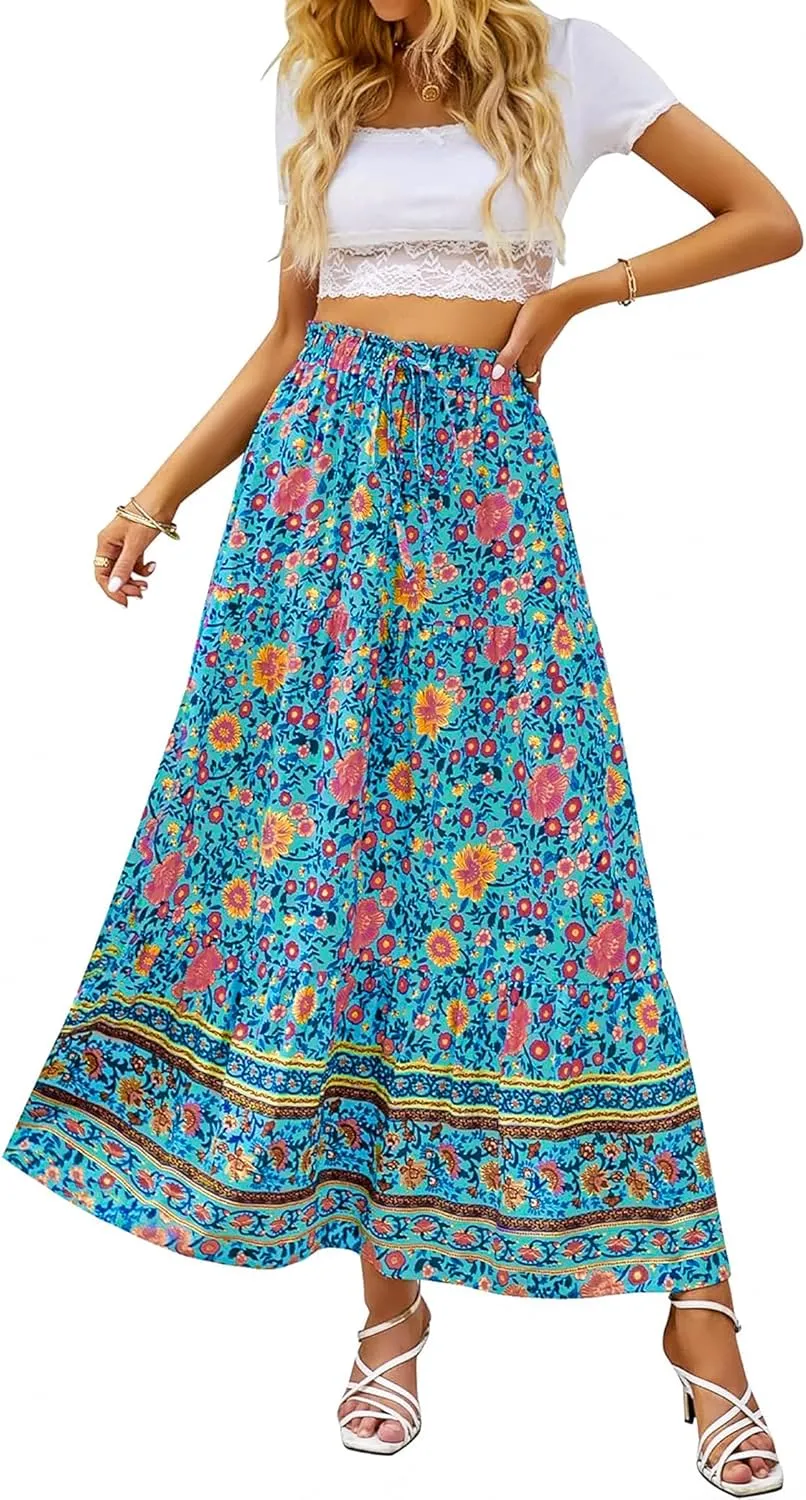 Zeagoo Women's 2025 Boho Floral Skirt Casual Elastic High Waist Maxi Skirts Flowy A Line Beach Long Skirt with Side Pockets