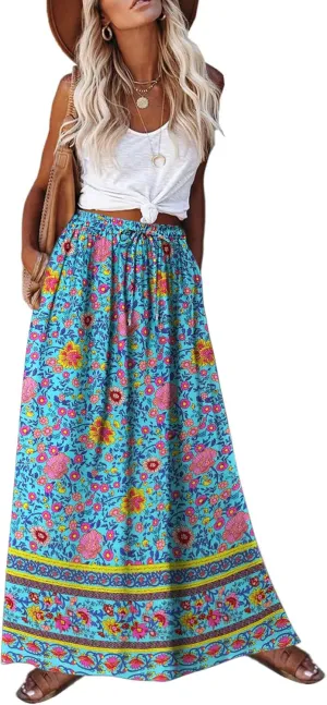 Zeagoo Women's 2025 Boho Floral Skirt Casual Elastic High Waist Maxi Skirts Flowy A Line Beach Long Skirt with Side Pockets